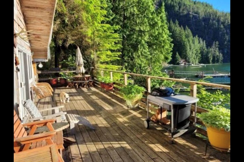 The patio of the cabin on Pitt Lake
