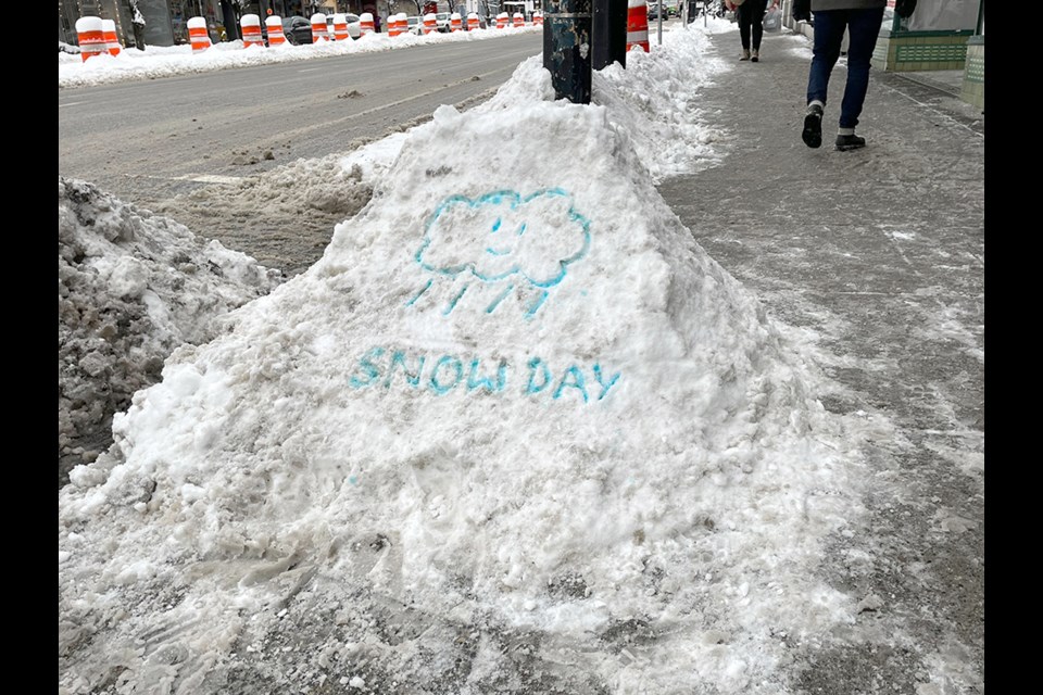 Michelle Pezel from Antisocial Skateboard Shop used food colouring to brighten up to pile of snow she shovelled from in front of her business in Vancouver