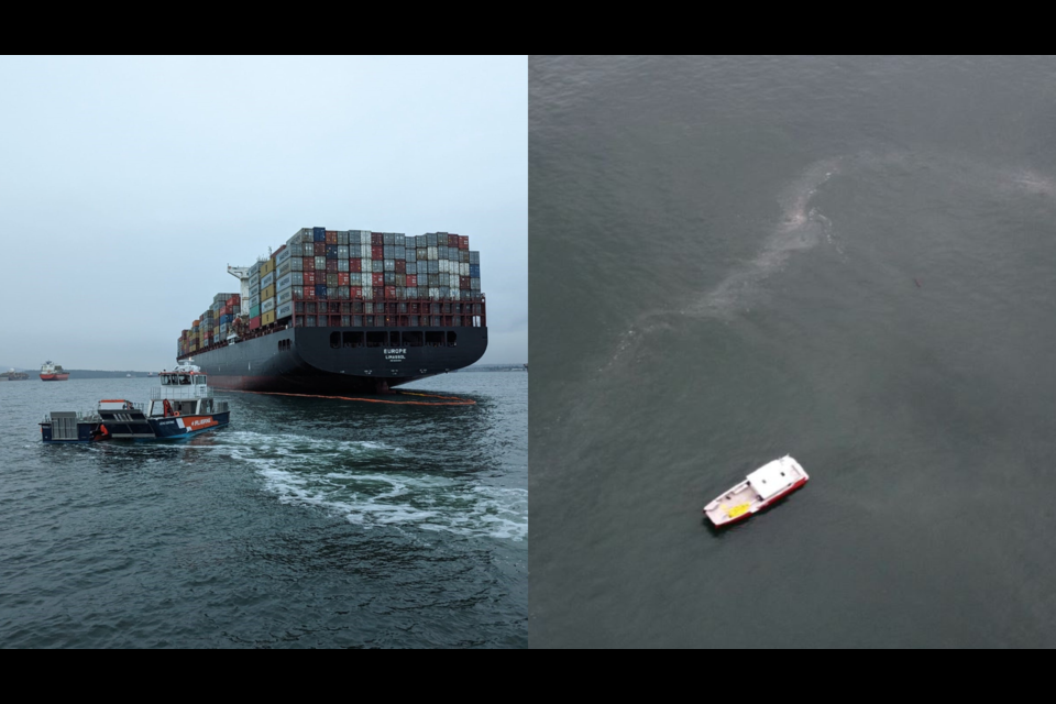 The Canadian Coast Guard and a marine response crew specializing in ocean fuel slicks put a boom around the MV Europe on Jan. 21, 2023, after an oil sheen was spotted off the coast of Vancouver, B.C.