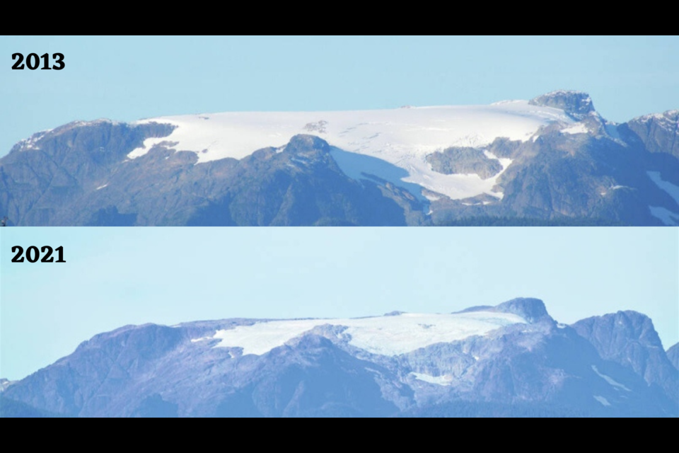 Retired logger Fred J. Fern has been taking photos of the Comox Glacier every September since 2013. This image compares his 2013 and 2021 photos. 