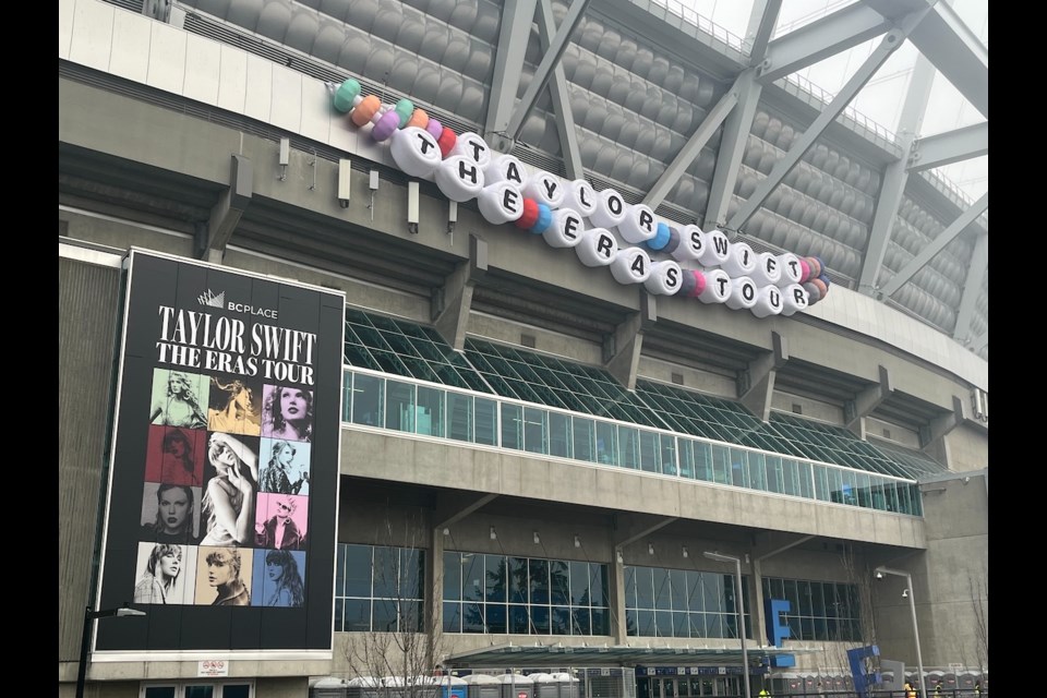 The giant inflatable Taylor Swift Eras Tour friendship bracelet has been set up outside BC Place in Vancouver ahead of the final shows on Dec. 6, 7, and 8, 2024.