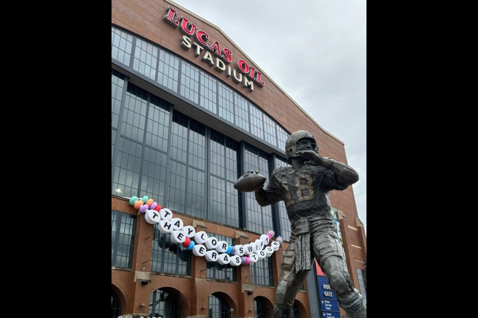 The giant inflatable Taylor Swift Eras Tour friendship bracelets as seen on the outside of the Lucas Oil Stadium in Indianapolis, Indiana. 