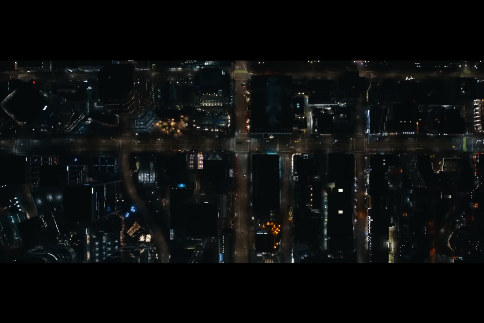 The "Tron: Ares" movie trailer opens with a shot of Vancouver's Burrard Street (running left to right).