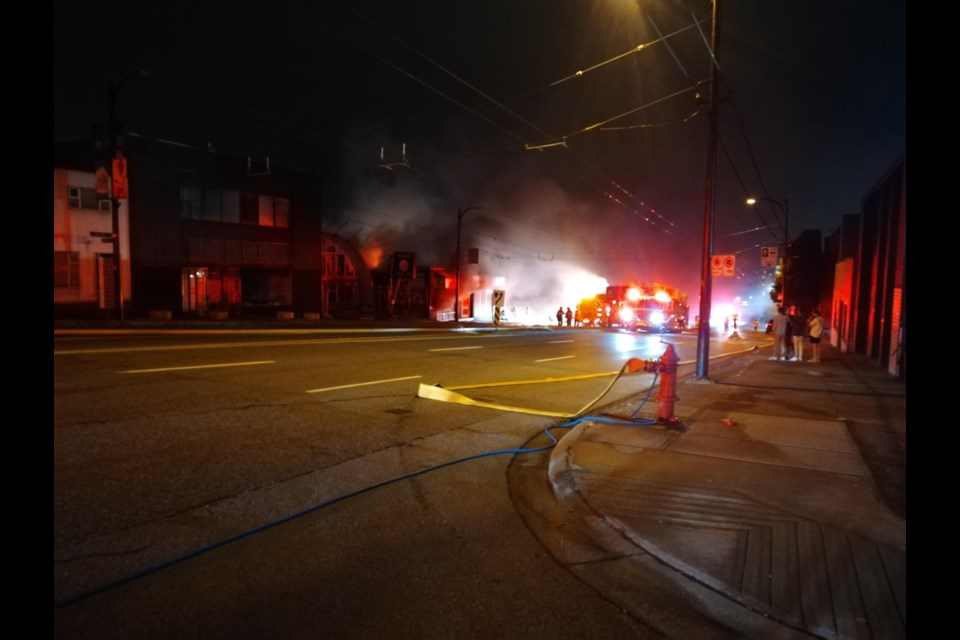 The Vancouver Fire and Rescue Services responded to the blaze which engulfed two commercial buildings on East Hastings Street the night of June 30.  