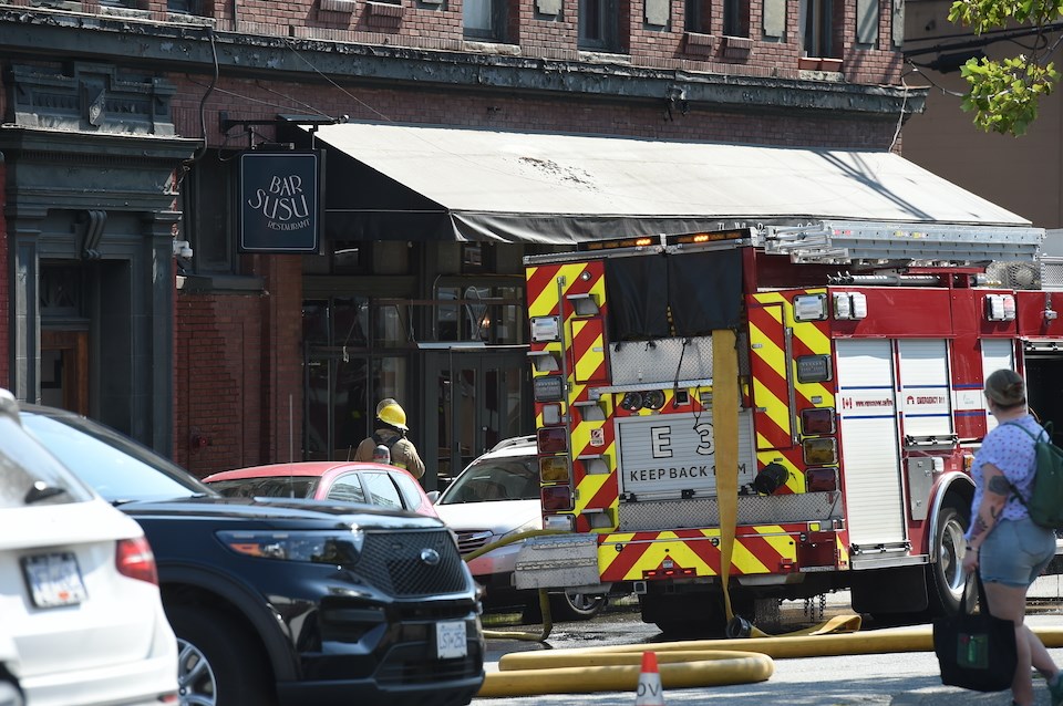Six fire trucks and 24 firefighters were dispatched to Main Street and are currently battling a blaze that they believe started in the restaurant Bar Susu.