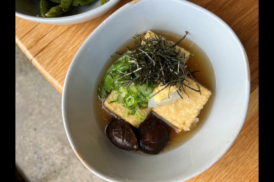 Agedashi tofu in a house-made plant-based broth 