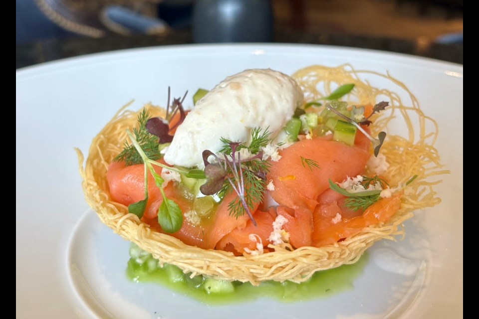 Launched for Bacchus' Easter 2024 menu, the smoked salmon in a filo pastry nest with cucumber, egg, and a horseradish creme fraiche has joined the refreshed brunch menu 