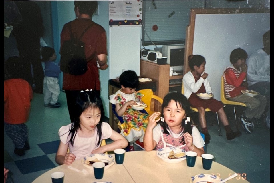 Michelle, left, and Maureen, as classmates in preschool. The friends formed Bagel Day in 2023.