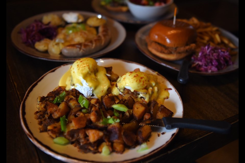 Daybreakers does all-day breakfast, featuring dishes like the Apple, Bacon, and Brie Benny with house-made "smashbrowns"