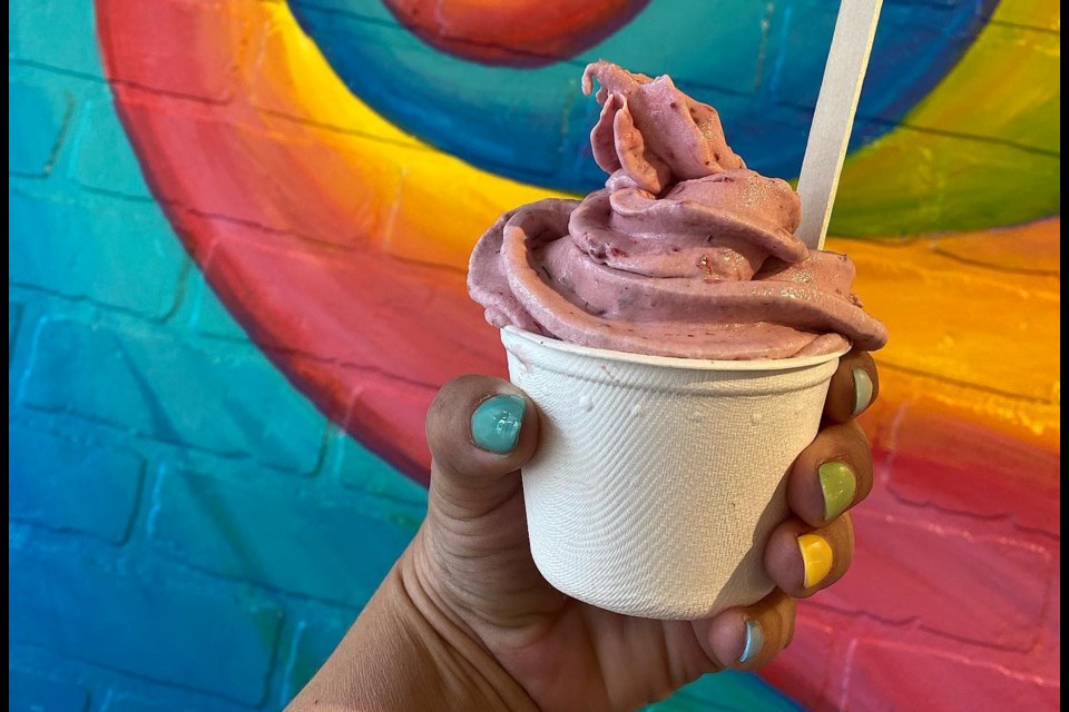 A personalized swirl with cherries, raspberries and froyo created at Flavr, a custom ice cream shop located in Langley, B.C. 