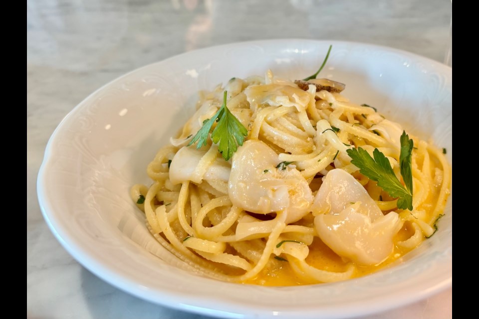 From the housemade pasta section of the menu, Folietta's take on Linguine alle Vongole, with slices of geoduck and a creamy sauce with Calabrian chili