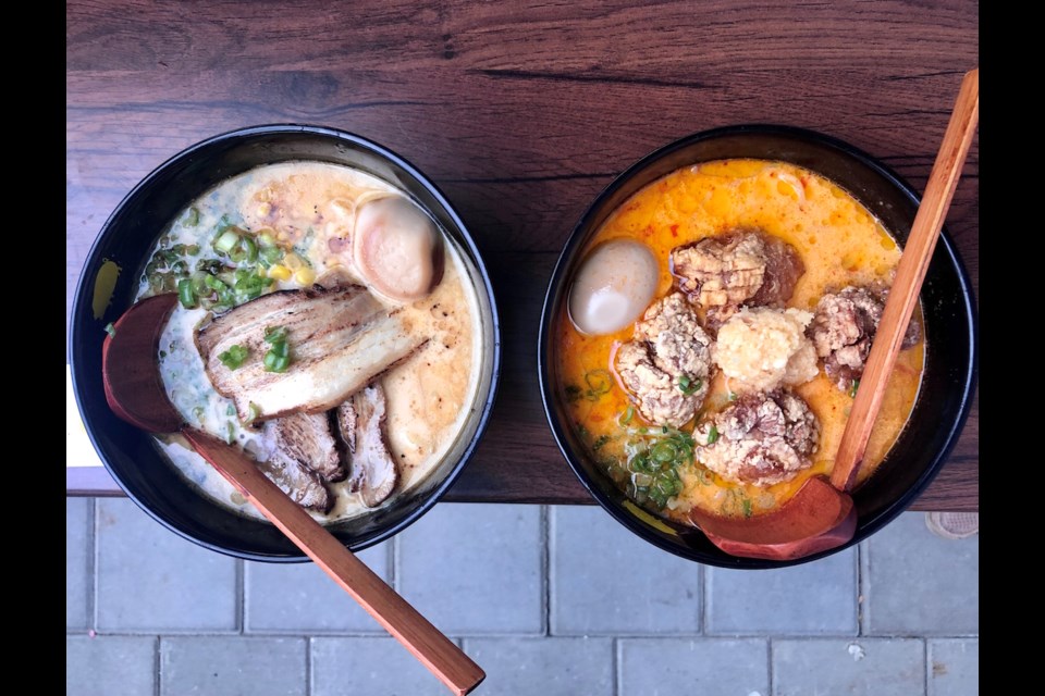 Pork Miso, left, and Karaage Pork Spicy Garlic ramen at Kinton Ramen. Photo: Lindsay William-Ross/Vancouver Is Awesome