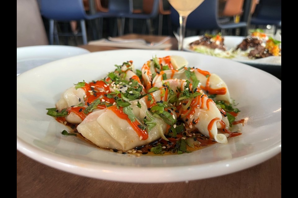 Steamed shrimp dumplings with ginger and garlic chili sauce, spicy mayo, sliced green onion and cilantro