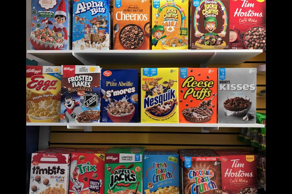 Just a part of the varied cereal selection.