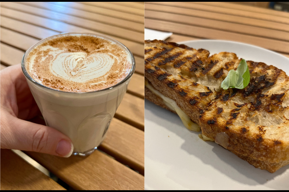 From Mah's cafe you can get drinks like a chai latte (left) and lunchtime eats like a cheese toastie on sourdough