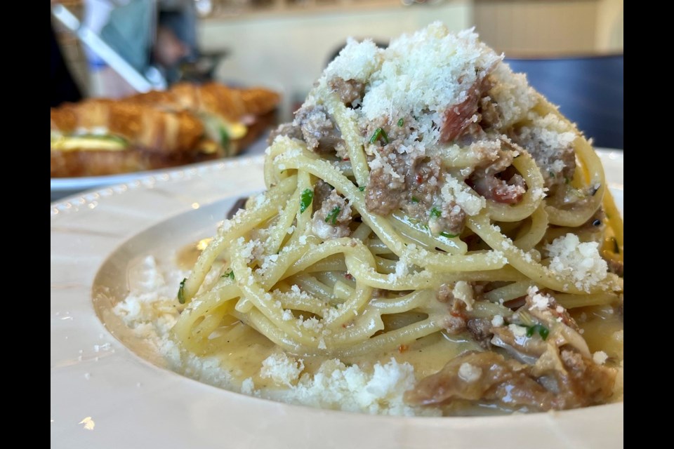 At Mercato di Luigi you'll find house-made pasta dishes, like a spaghettoni with lamb ragu, on a menu available at lunchtime in the grocer-cafe