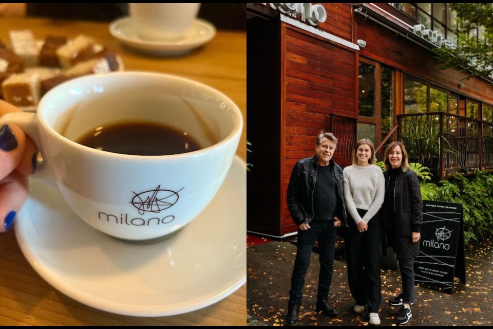 Left: An Americano using Milano Coffee's innovative 20-bean espresso blend, released to honour the cafe's 20th anniversary. The business is co-owned by Brian Turko, left, and his wife, Linda, right. Their daughter, Lili, also works for the business.