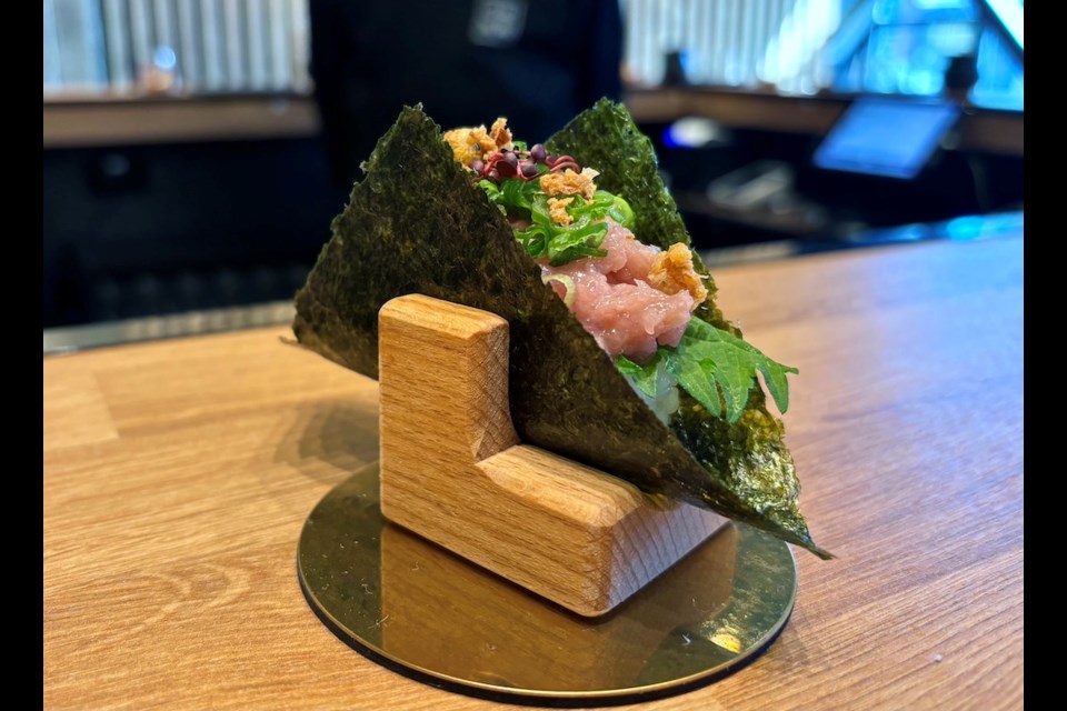 Oshi Nori is now open in Vancouver's Yaletown, featuring a menu of classic and inventive sushi hand rolls, served around a modern high-top u-shaped bar