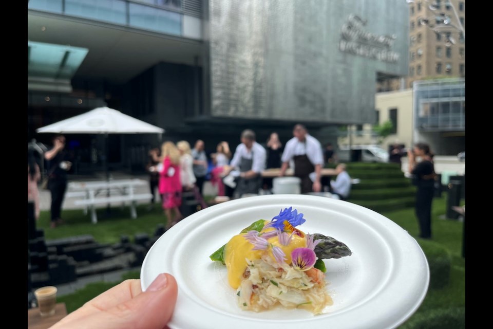 This summer, some of the city's Michelin Guide-recognized top chefs will have signature dishes featured as part of a collaboration series at the Pac Rim Patio, a seasonal pop-up outdoor restaurant. Pictured: A sample portion of a dish of Warm Asparagus Salad with crab and shrimp from Burdock & Co's Chef Andrea Carlson