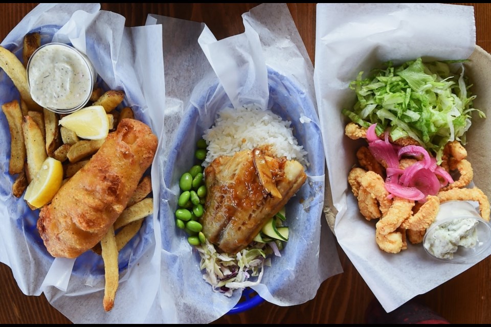 With an approachable menu of high quality fresh seafood served in a casual setting, Rumble Fish is a welcome addition to Vancouver's restaurant scene. Pictured: Cod and chips, miso-glazed sablefish, Humboldt Squid.
