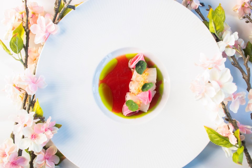 Miku's Smoked Tai Crudo is among the dishes on the popular Vancouver sushi spot's Sakura Kaiseki menu. The downtown Japanese restaurant is among the many in Vancouver with special cherry blossom season dishes, drinks, and menus in spring 2024