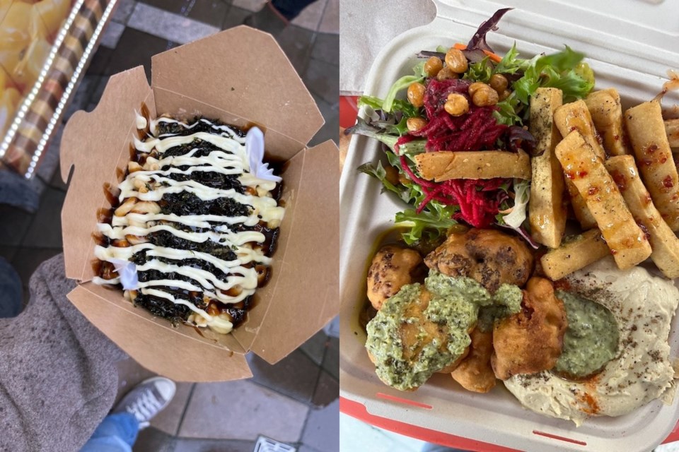 Street Food City in back in downtown Vancouver for 2023, running through Jan. 29, featuring an assortment of food trucks daily, including Reel Mac & Cheese (left) and Chickpea.