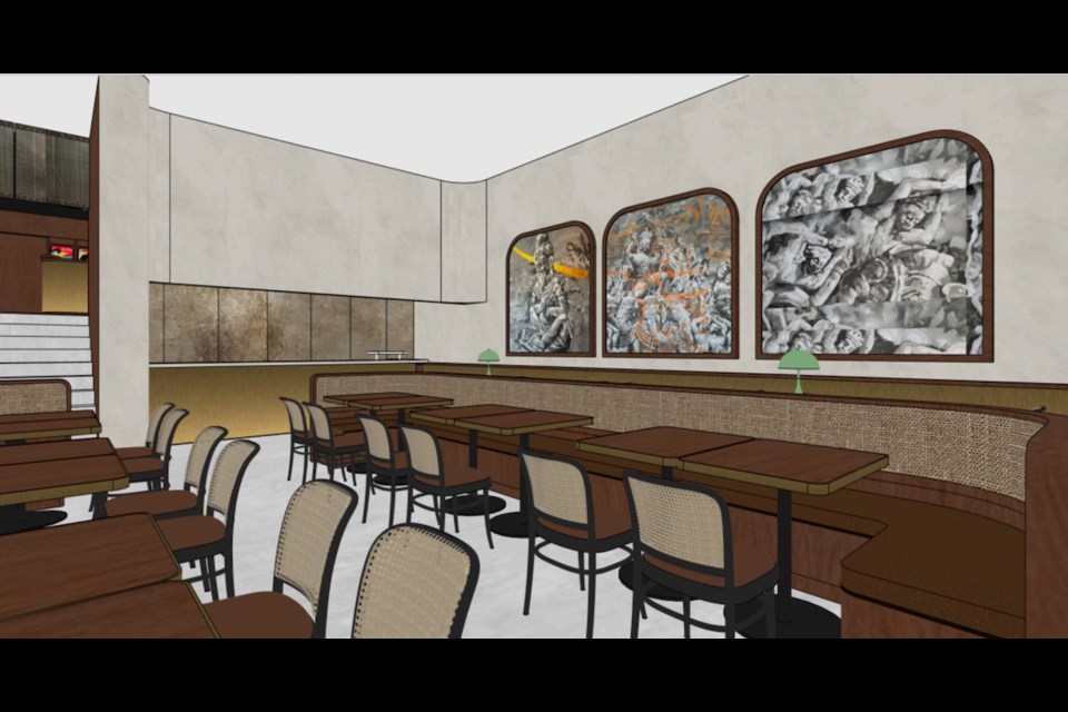 A rendering shows what the interior of Touk, a contemporary Cambodian restaurant moving into the former Archer space in Downtown Vancouver, will look like.