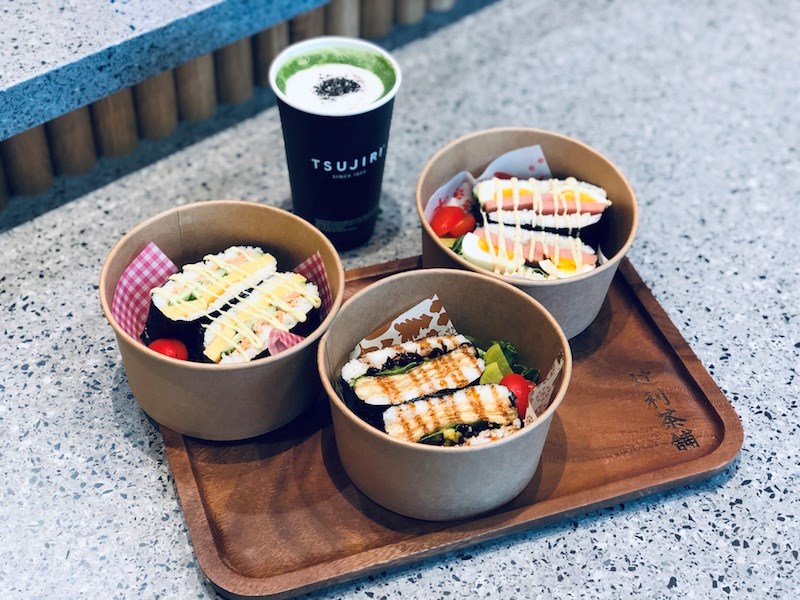 A black sesame matcha latte and three onigirazu (sushi sandwiches) from Tsujiri's Toyota dealership location. Photo by Lindsay William-Ross/Vancouver Is Awesome