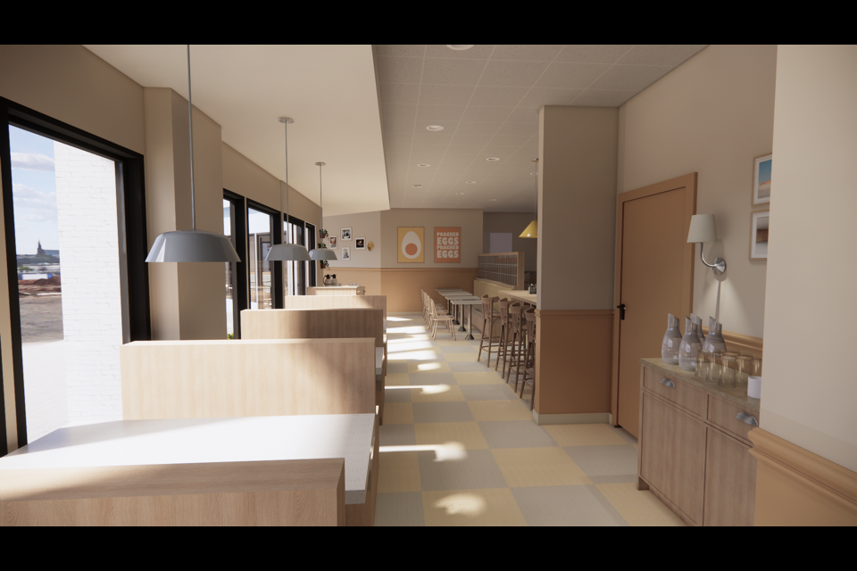 A look at what the upcoming new Yolks restaurant location will look like inside.