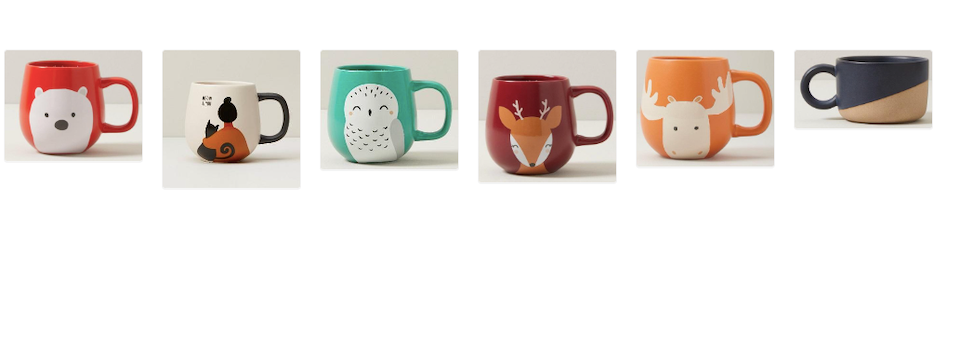 The products range in colour, design, and size. The mug ornaments come in several colours and have a gold script or print.  