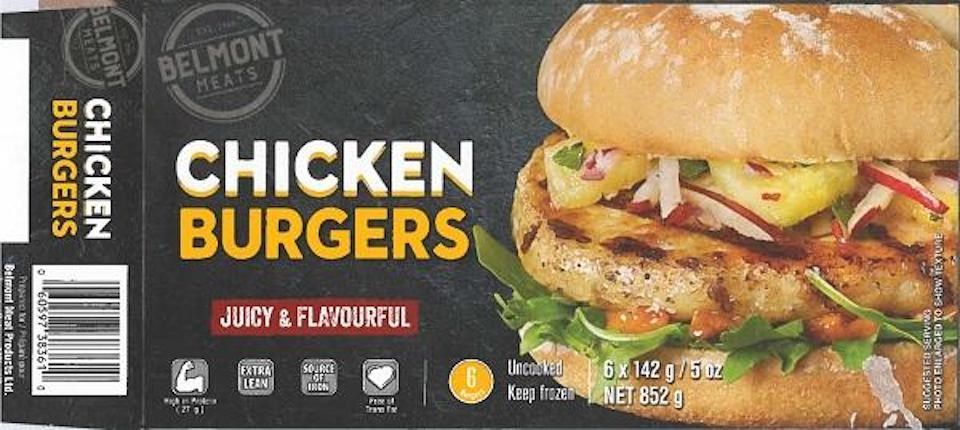 Belmont Meats Chicken Burgers label and UPC