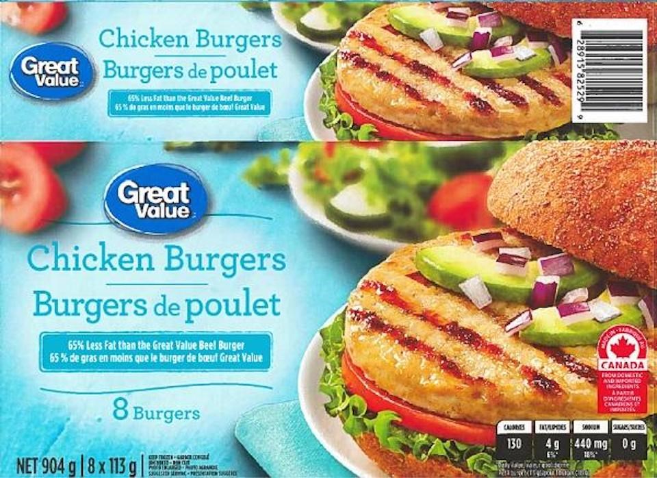 Great Value Chicken Burgers label and UPC