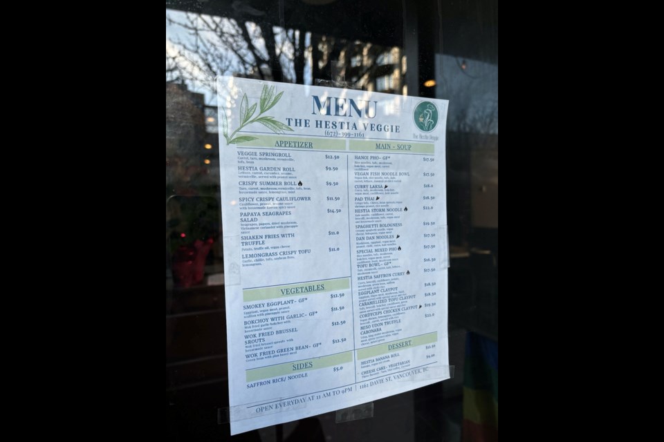 The Hestia Veggie menu