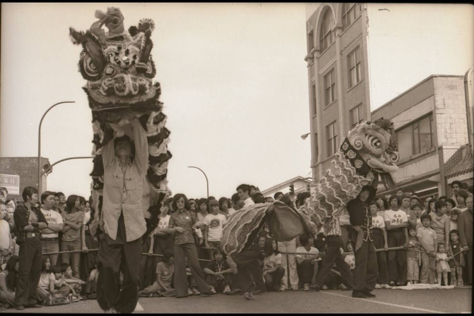 Lion dancing on Pender Street in Vancouver's Chinatown in 1973.