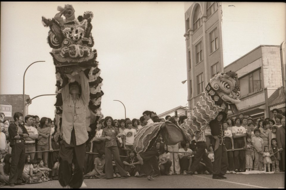 Lion dancing on Pender Street in Vancouver's Chinatown in 1973.