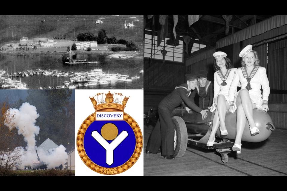 Clockwise from top left: The base from above in the 1950s, a promotional image shot at HMCS Discovery in 1946, the HMCS Badge, part of a Remembrance Day ceremony at the base.