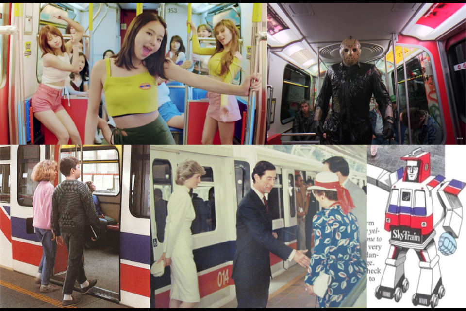 Clockwise from top left: Twice perfrom 'Likey', Jason takes Manhattan, a SkyTrain mascot, Royals ride the SkyTrain and carpeting can be seen on a new SkyTrain Mark I car.