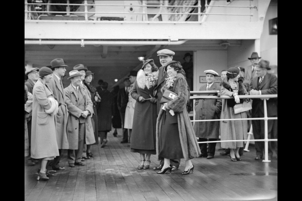 Babe Ruth greets fans with wife Claire and daughter Julia before setting sail on the Empress of Japan Oct. 20, 1934. Photo: City of Vancouver Archives CVA 99-2852