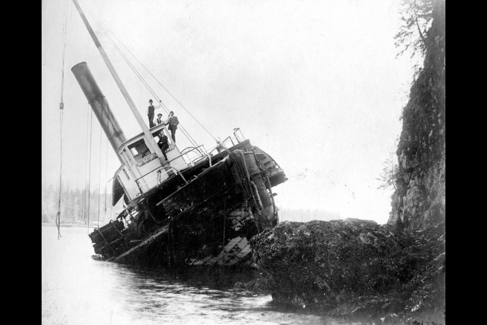 The S.S. Beaver rests on the rocks of Prospect Point while a group of men climb atop her cabin. Reference code: AM54-S4-1-S-3-: S-3-18
