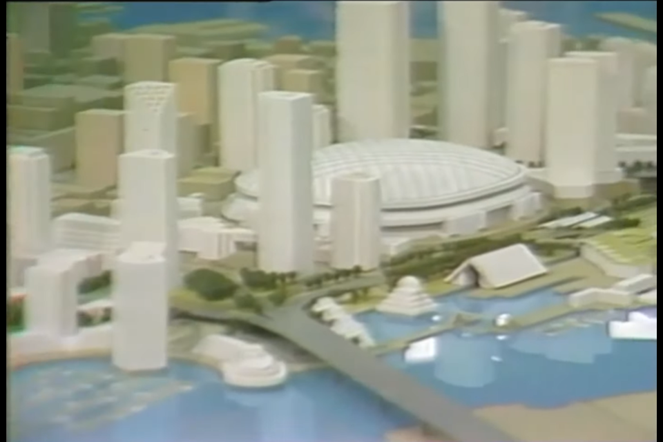 A model showing BC Place and the Cambie Bridge (which was being built in 1983) along with several structures and pieces of infrastructure never built.