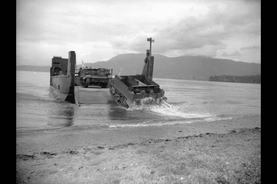 Tank landing from barge at Kitsilano Beach. CVA 586-1224