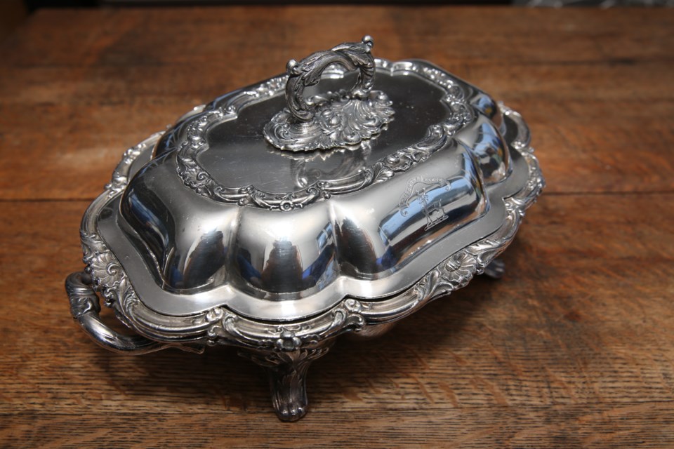 A baroque/rococo-styled, silver plated steam serving tray Christian Laub discovered in a North Vancouver thrift store.
