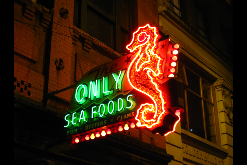 The Only Sea Foods sign lit up in 2009 in downtown Vancouver.