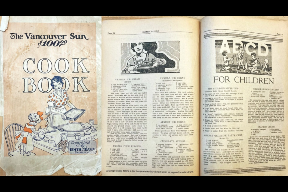 The Vancouver Sun published the $100 cookbook in 1940. These pages give a few options for homemade ice cream and desserts.
Reference code: AM1519-: PAM Und. 986