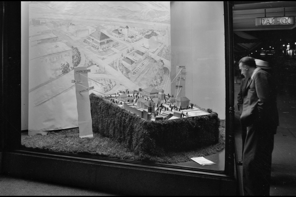 A window display of a 3D model of one of the proposed layouts of the civic centre proposal in downtown Vancouver.
Reference code: AM1545-S3-: CVA 586-6392