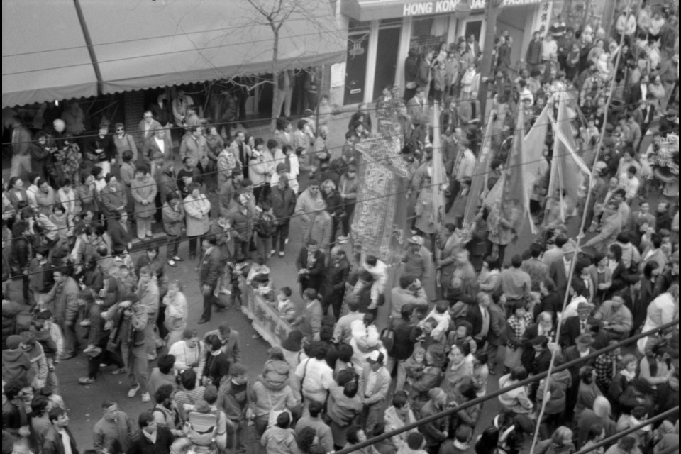 1987 Chinese New Year parade on Pender Street. Photographed by Paul Yee. AM1523-S6-F36-: 2008-010.1747.