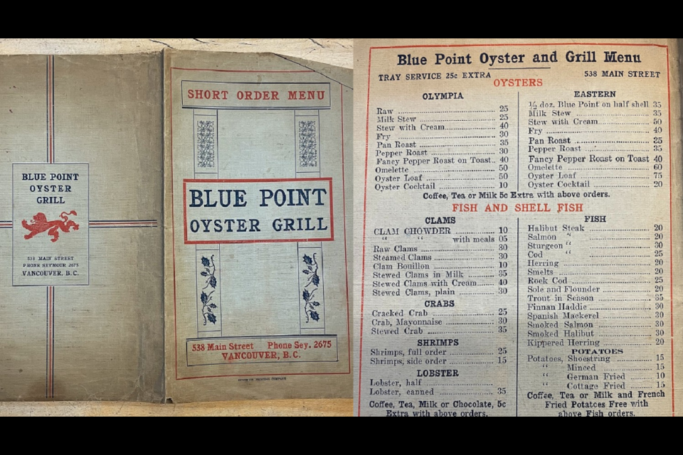One of the oldest examples shared, this menu from the Blue Oyster dates to around 1915. It has clam chowder (for $0.10), sturgeon (for $0.30) and stewed crab (for $0.35).
Reference code: AM1523-S7-2-F030