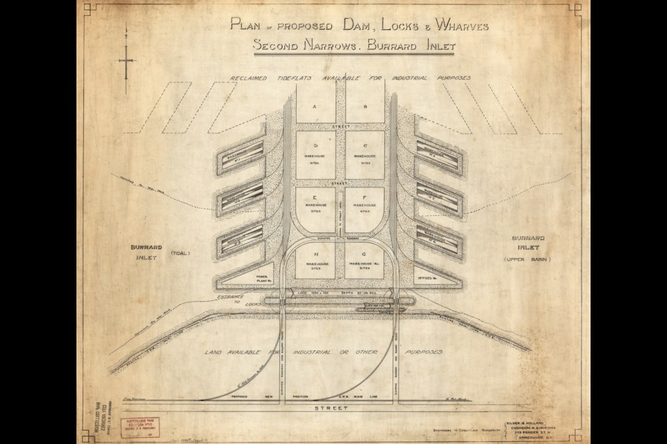 Instead of the first Second Narrows Bridge that opened in 1925, the locks would have been built in the same location. They would have blocked Burrard Inlet and essentially created a freshwater lake behind them.
Reference code: AM1594-: MAP 12