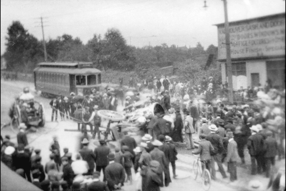 Traffic accident outside Vancouver Sash and Door at 1490 Granville St. sometime between 1900 and 1920. Reference code:AM336-S3-2-: CVA 677-1014.2