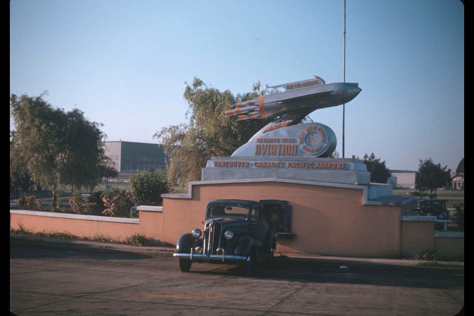 The rocket designed by Lew Parry for the Sheet Metal Workers Union 280 was used as part of a float in the 1936 P.N.E. Parade before being put on display at the entrance to the south terminal at YVR. AM1376-: CVA 1376-360.